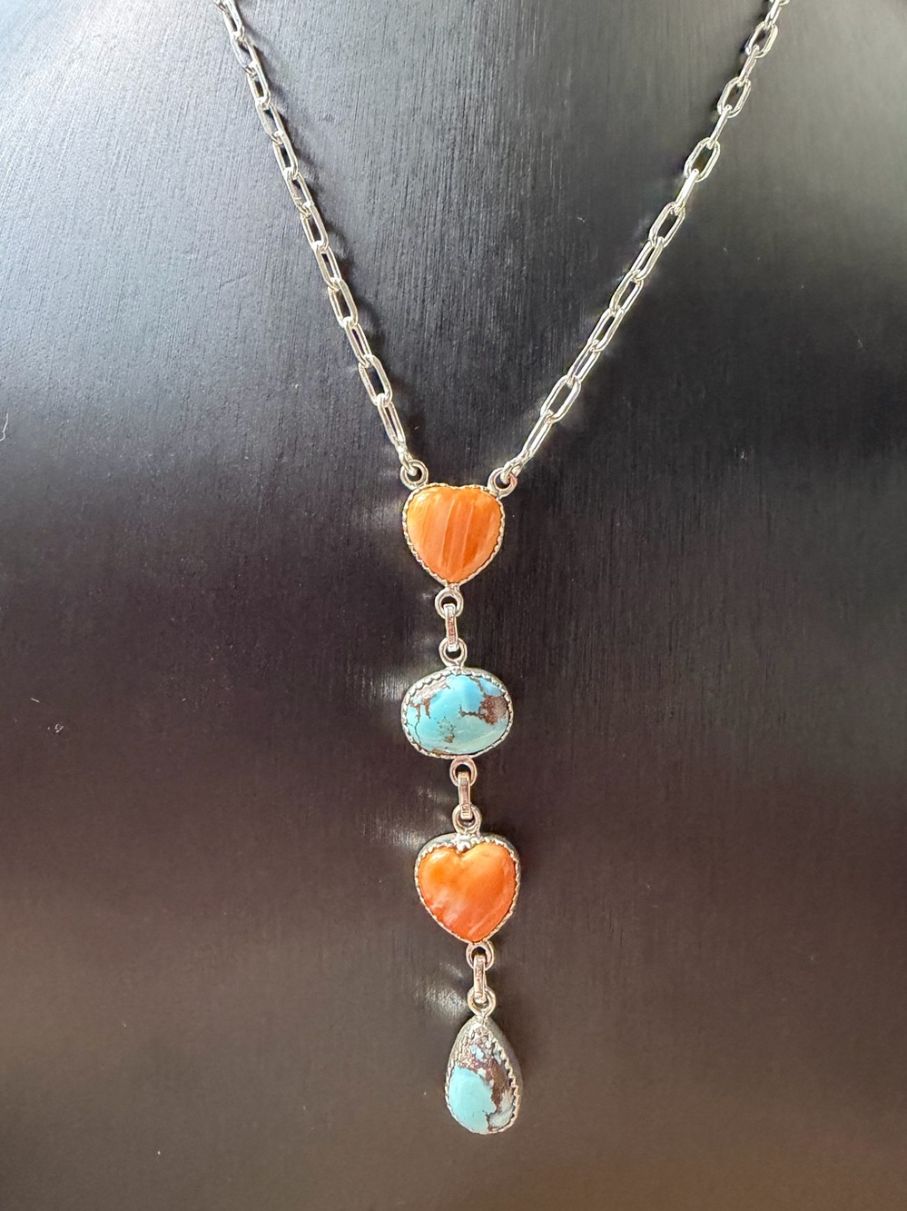 Sterling Silver Necklace with Orange Spiny Heart & Golden HillsTurquoise Stone